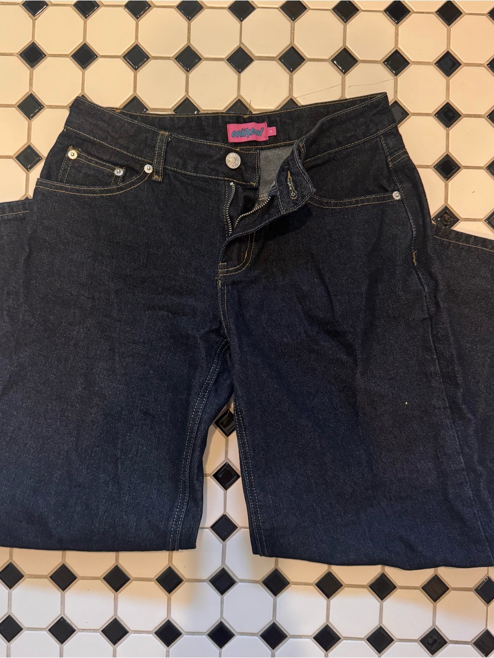 Edikted Dark Blue Denim Shorts with Pink Logo Tag